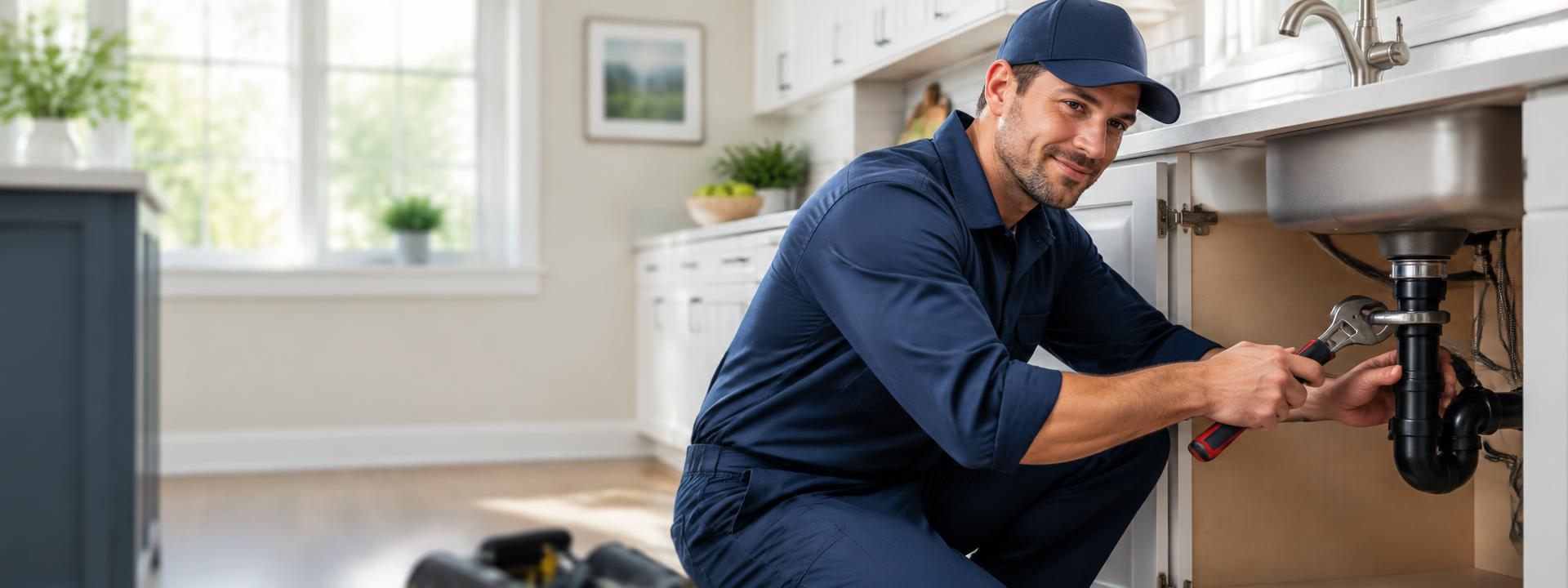 Houston plumber in a navy uniform repairing a kitchen sink pipe