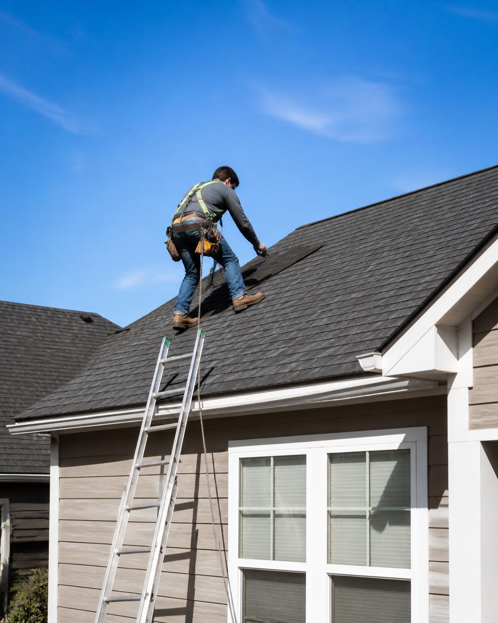 Roofing professional at work in an American home